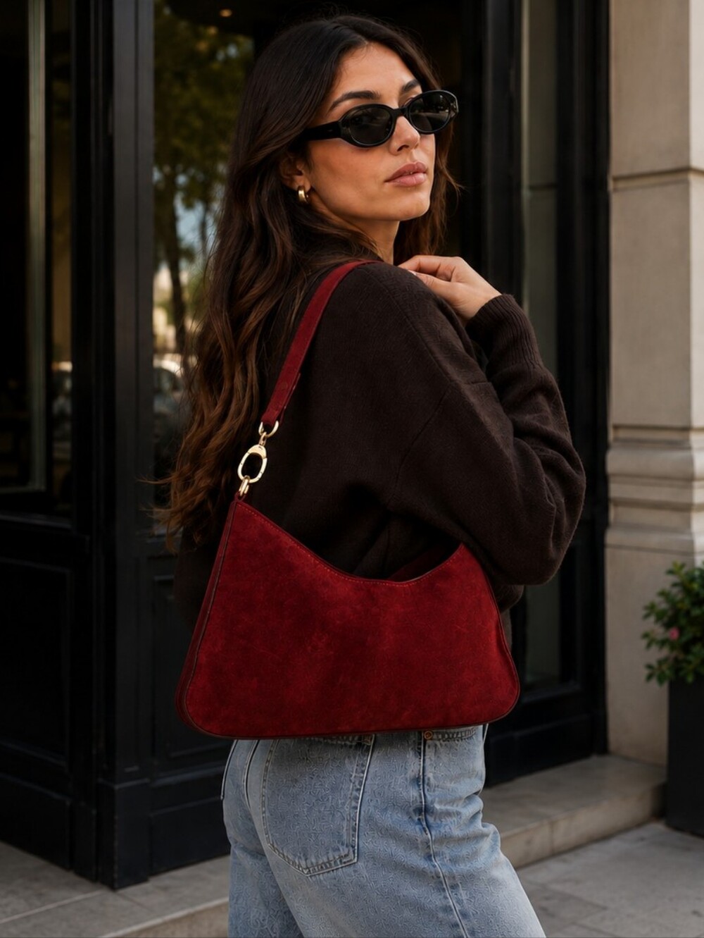 Anna Paola Burgundy Suede Modern  Handbag